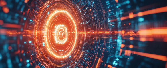 Obraz premium Abstract futuristic background with glowing digital elements and circuit board patterns in an orange and red color palette