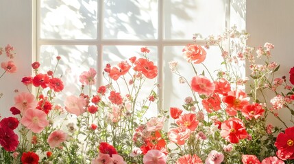 Obraz premium Vibrant red and pink flowers blooming in front of a sunlit white window, casting soft shadows and creating a warm, inviting atmosphere.