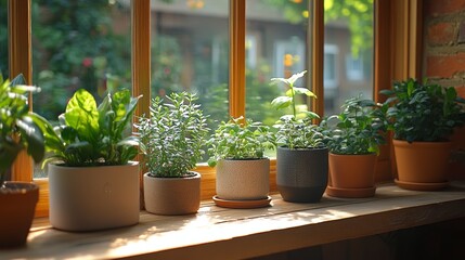 Fototapeta premium A row of potted herbs sit on a windowsill, bathed in sunlight. The windowsill is made of wood and there is a brick wall behind the plants