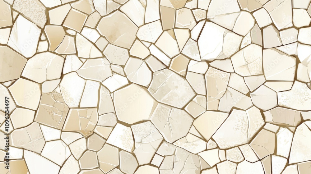 Poster close-up of a textured, abstract mosaic in soft beige tones, showcasing irregular shapes and subtle 