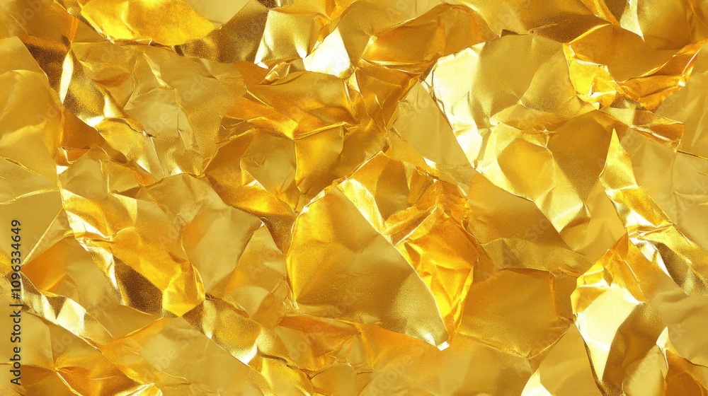 Poster abstract golden foil texture with vibrant crumpled patterns reflecting light in various angles.