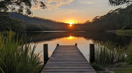 Naklejka premium Sunset Reflection on Still Water from a Timber Dock Surrounded by Lush Greenery and Soft Hills in a Serene Natural Landscape