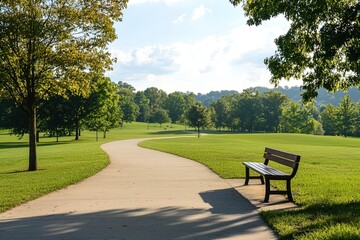 Peaceful park pathway surrounded by lush greenery and a solitary bench under the sunny sky