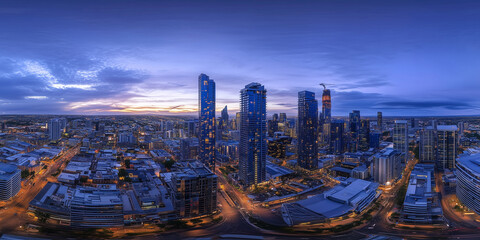 Obraz premium Modern City Skyline with CBD Office Buildings at Sunset, Drone View