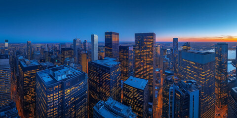 Obraz premium Modern City Skyline with CBD Office Buildings at Sunset, Drone View