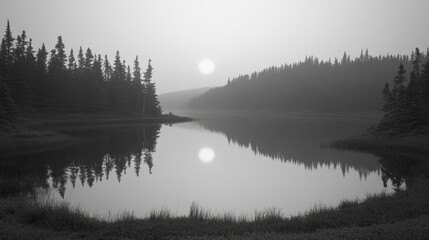 Fototapeta premium A serene, black and white photograph of a lake in the woods with the sun rising in the distance. The lake's surface is calm and reflects the sky, trees, and rising sun