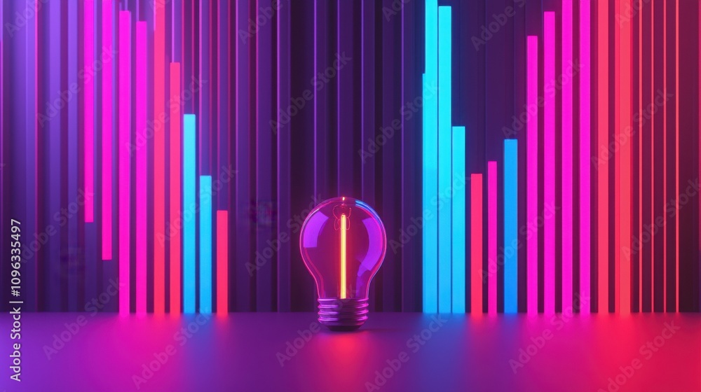 Poster a bright idea insight for planning concepts. a vibrant light bulb stands in front of colorful vertic