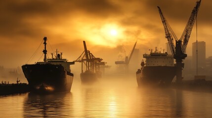 Obraz premium A silhouette of cargo ships at a port in a hazy sunrise with cranes in the background.