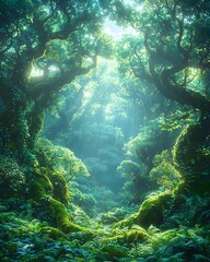 Naklejka premium A serene forest scene featuring lush greenery and sunlight filtering through the trees, creating a mystical atmosphere in an enchanting woodland setting.