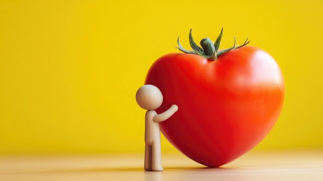 A small wooden figurine gently hugs a large heart-shaped red tomato, symbolizing love and affection, set against a vibrant yellow backdrop that enhances the romantic theme. - Powered by Adobe