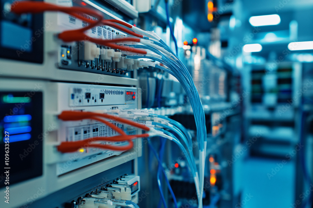 Poster data center servers with colorful network cables and glowing indicators in a futuristic it environme