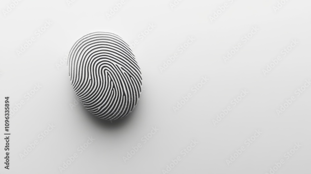 Poster a single fingerprint in black and white, a minimalist design representing identity and security.