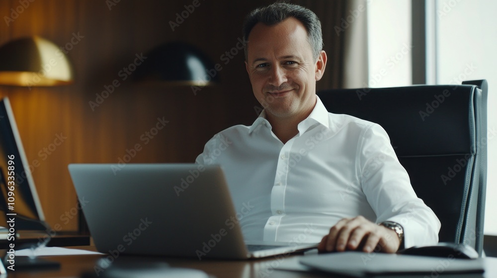 Poster a man is sitting at a desk with a laptop in front of him
