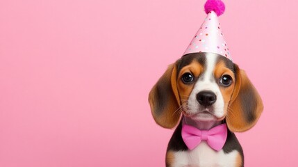 Beagle puppy in a pink party hat and bowtie, showcasing a charming expression on a pastel background, ideal for birthday invitations and festive promotions.