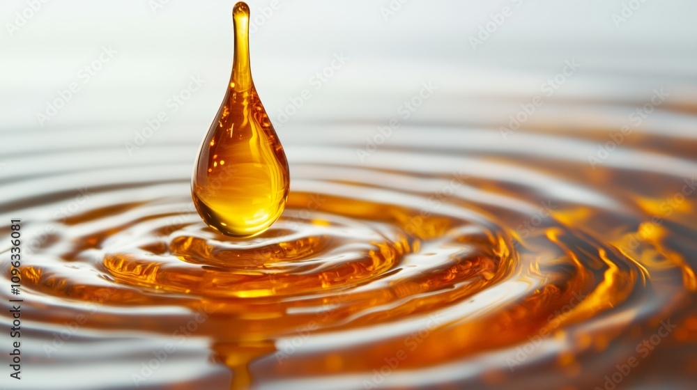 Poster a single golden drop of liquid hangs in the air above a rippling surface of liquid, creating concent