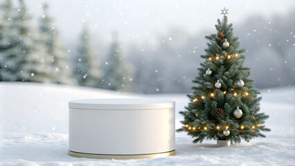 White Cylinder Podium with Christmas Tree for Product Display on Snowy Blurred Background