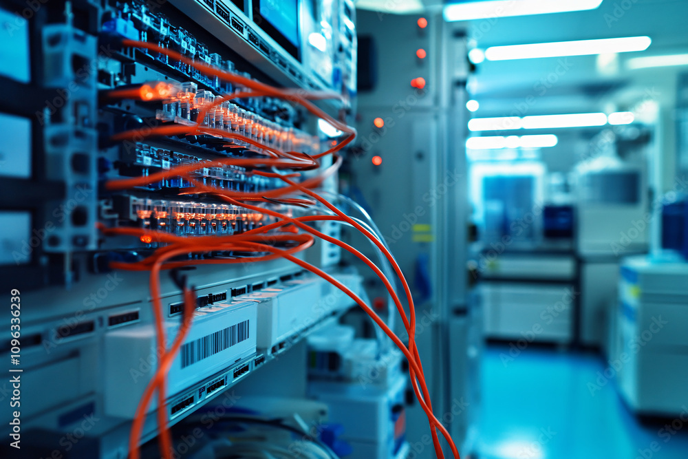 Poster a focused view of bright orange network cables neatly arranged in a modern data center illuminated b