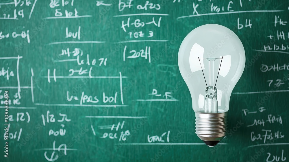 Poster a bright idea insight for planning concepts. a light bulb on a chalkboard filled with mathematical e