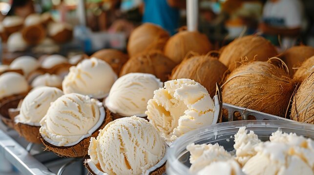 Coconut icecream and kulfa ice cream with coconut shell at a market the tast is very beautiful