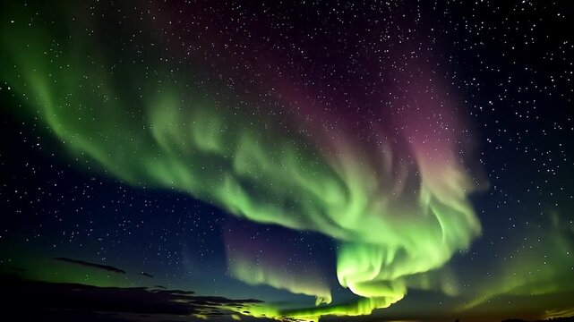 The sky is filled with colorful auroras. The auroras are green, purple, and blue