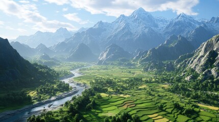 Fertile valley surrounded by towering mountains, with a river meandering through lush green fields