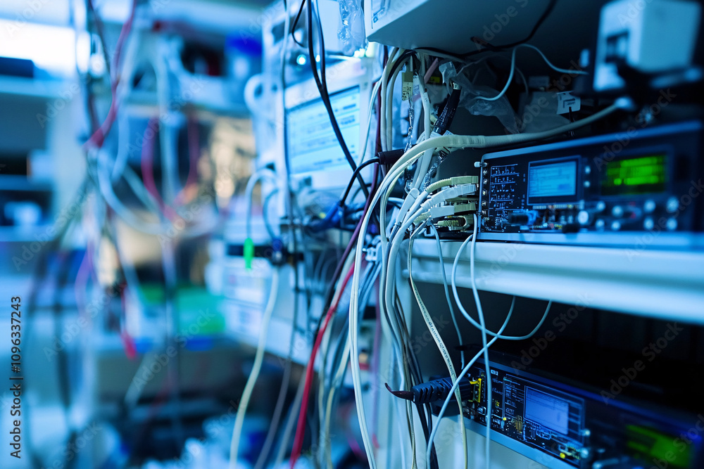 Poster networking devices and wires neatly organized in a data center rack with glowing indicators creating