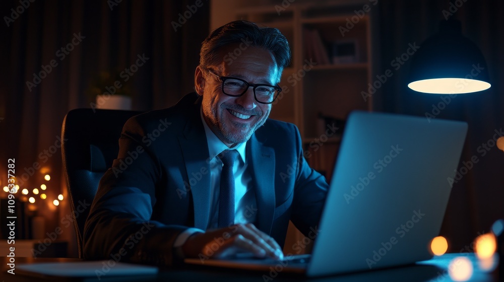 Poster A man in a suit is smiling while using a laptop