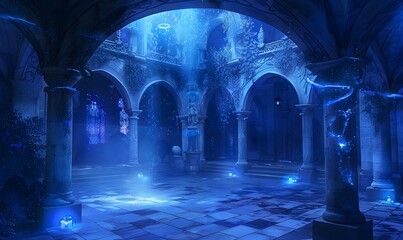 Mystical Blue Courtyard, An open courtyard within the palace featuring glowing crystal arches and columns