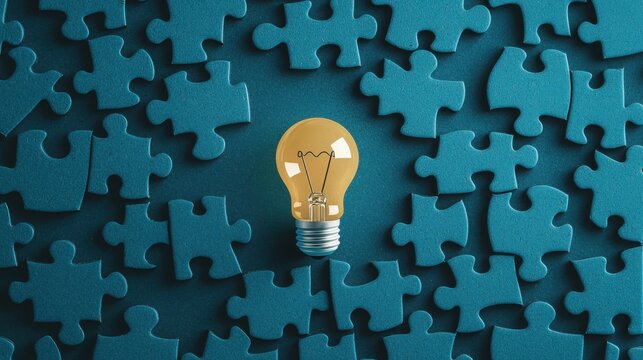 A bright idea insight for planning concepts. A glowing light bulb stands out among scattered puzzle pieces, symbolizing ideas, creativity, and problem-solving.