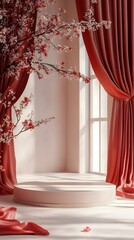 A serene, elegant podium with cherry blossom accents, red silk drapery, and a soft, muted background. The space in front of the podium is wide open for showcasing products.