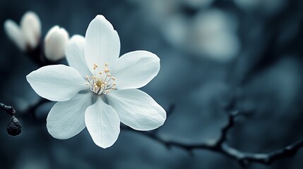 Fototapeta premium A single white flower blossoms on a branch with a blurred background.