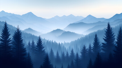 Obraz premium misty pine forest with tall trees, set against the backdrop of mountains in shades of blue and gray.