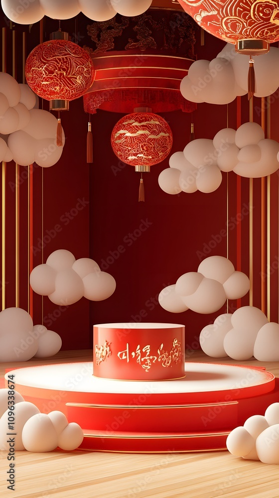 Poster a chinese new year stage with a large podium, decorated with intricate patterns of clouds and firecr