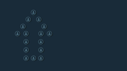 An upward-pointing arrow created using small icons of people against a dark background