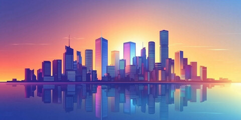 Fototapeta premium Modern City Skyline with Office Buildings and Drone View at Sunset