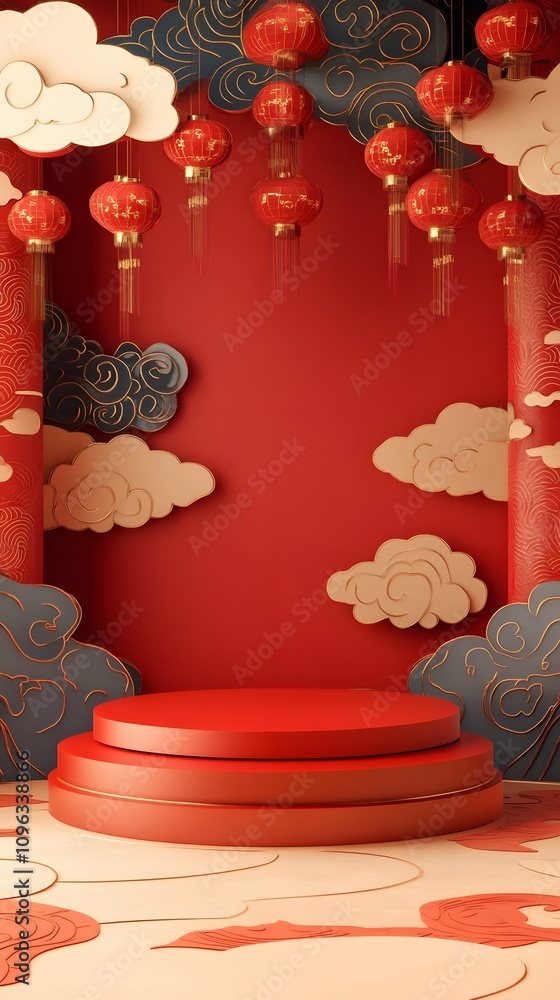 Aufkleber a chinese new year stage with a large podium, decorated with intricate patterns of clouds and firecr