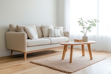 Cozy living room with minimalist decor, soft couch, and natural light in a tranquil setting