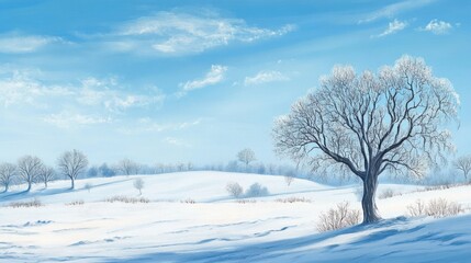 Frosty winter landscape with snow-covered fields and leafless trees under a crisp blue sky