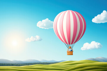 Fototapeta premium Joyful Travel. A vibrant hot air balloon floats above rolling green hills under a clear blue sky with fluffy clouds and a shining sun.