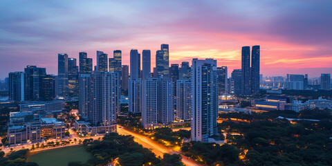 Obraz premium Modern City Skyline with CBD Office Buildings at Sunset, Drone View