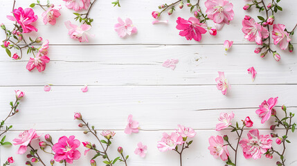 A charming floral arrangement featuring pink flowers on an old white wooden background, perfect for Valentine's Day, Mother's Day, or Women's Day.
