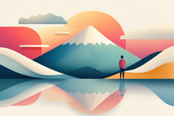 Joyful Travel. A serene landscape featuring a mountain with a sunset, reflecting in calm waters, alongside a solitary figure admiring the view.
