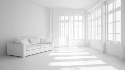 Fototapeta premium A pristine white room with modern minimalistic decor, featuring white furniture and soft natural lighting.