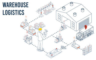Smart warehouse logistics combines automated robots and systems to efficiently manage inventory flow and operations. Vector illustration EPS 10