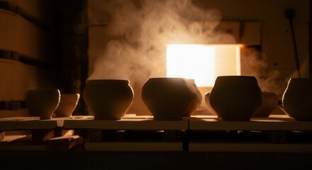Warm glow of ceramic pots in kiln