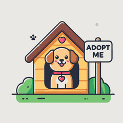 cartoon of a cute dog peeking out of a doghouse with an Adopt Me sign