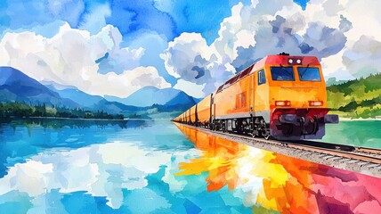 A vibrant watercolor painting of a train traveling along a reflective lake, surrounded by mountains and fluffy clouds under a bright blue sky.