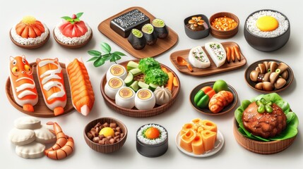 Assorted Asian cuisine dishes on wooden plates.