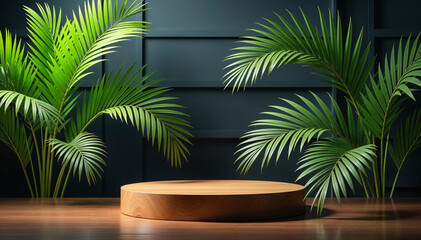 Fototapeta premium A wooden podium with green background , adorned palm leaves. The podium for product display