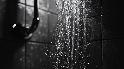 Showerhead water stream contrasting cold water flow against dark bathroom tiles highlighting movement and texture in monochrome setting
